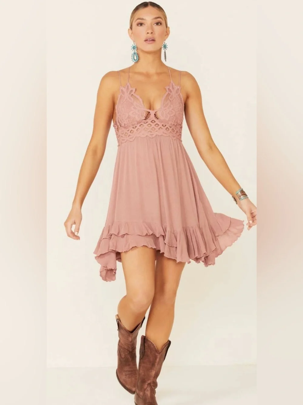NWT Free People Adella Slip Lace short Dress Plunging Neckline Pink Rose ~ Small